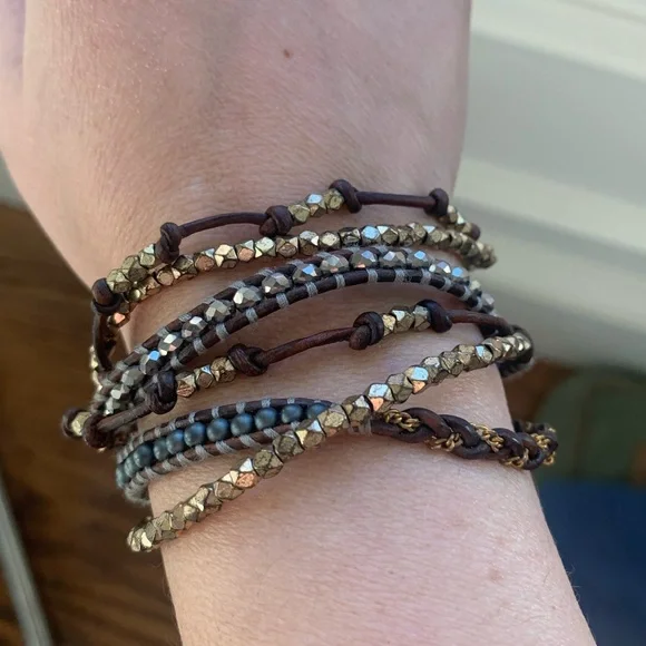CHAN LUU beaded wrap bracelet leather with gold/silver tone nuggets NEW RARE - Picture 3 of 15